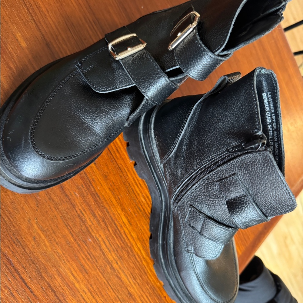 Black Leather Ankle Boots with Buckle Detail